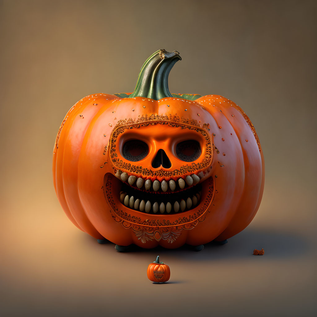 Detailed skull-like pumpkin illustration with carved grin and small adjacent pumpkin