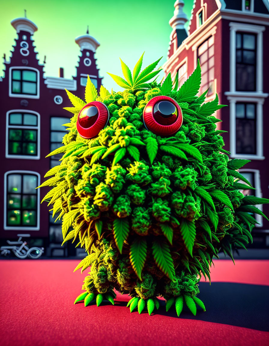 Whimsical marijuana leaf creature in Dutch street scene