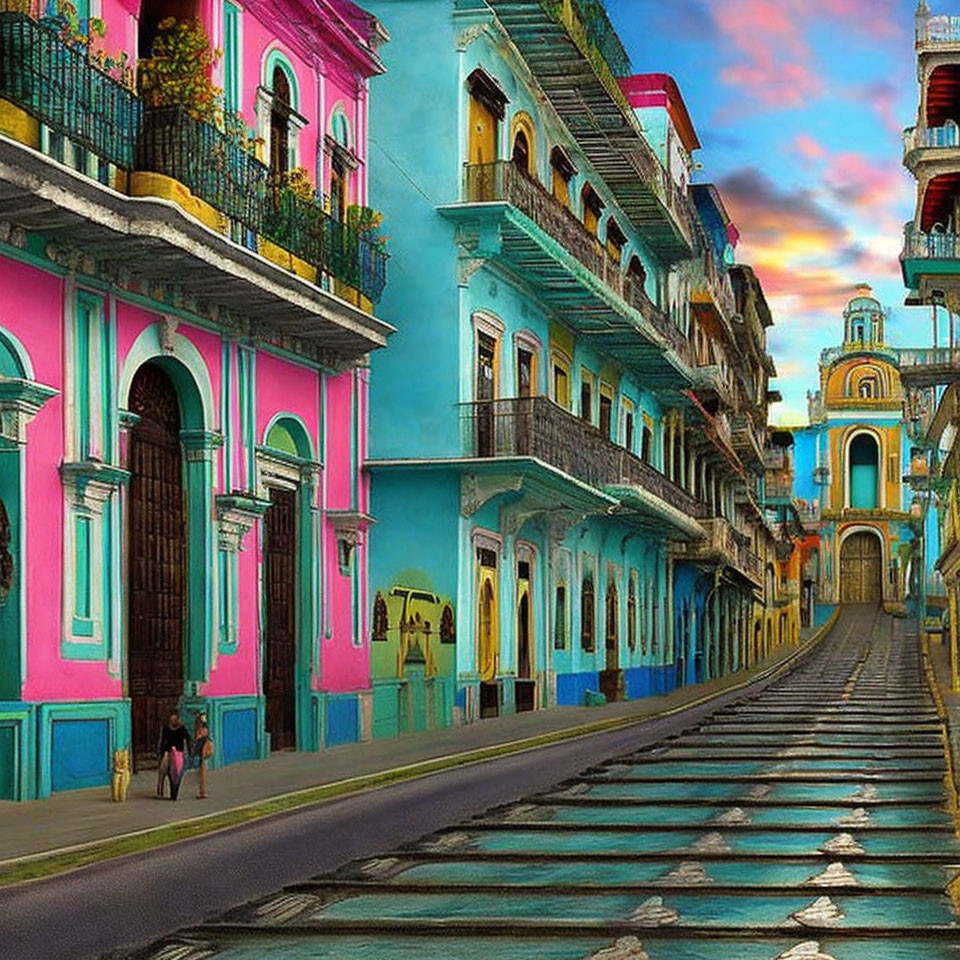 Colorful Buildings and Cobblestone Street at Sunset