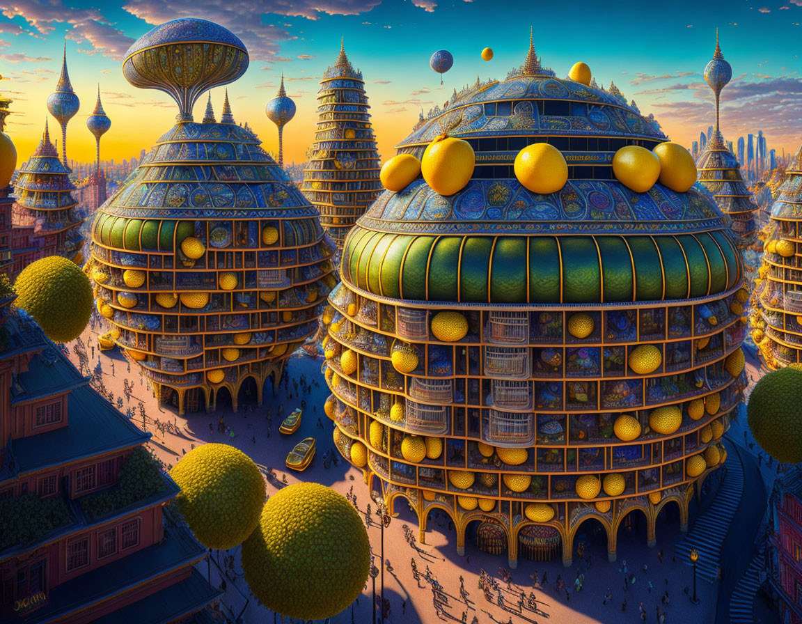 Intricate spherical buildings in fantastical cityscape at sunset