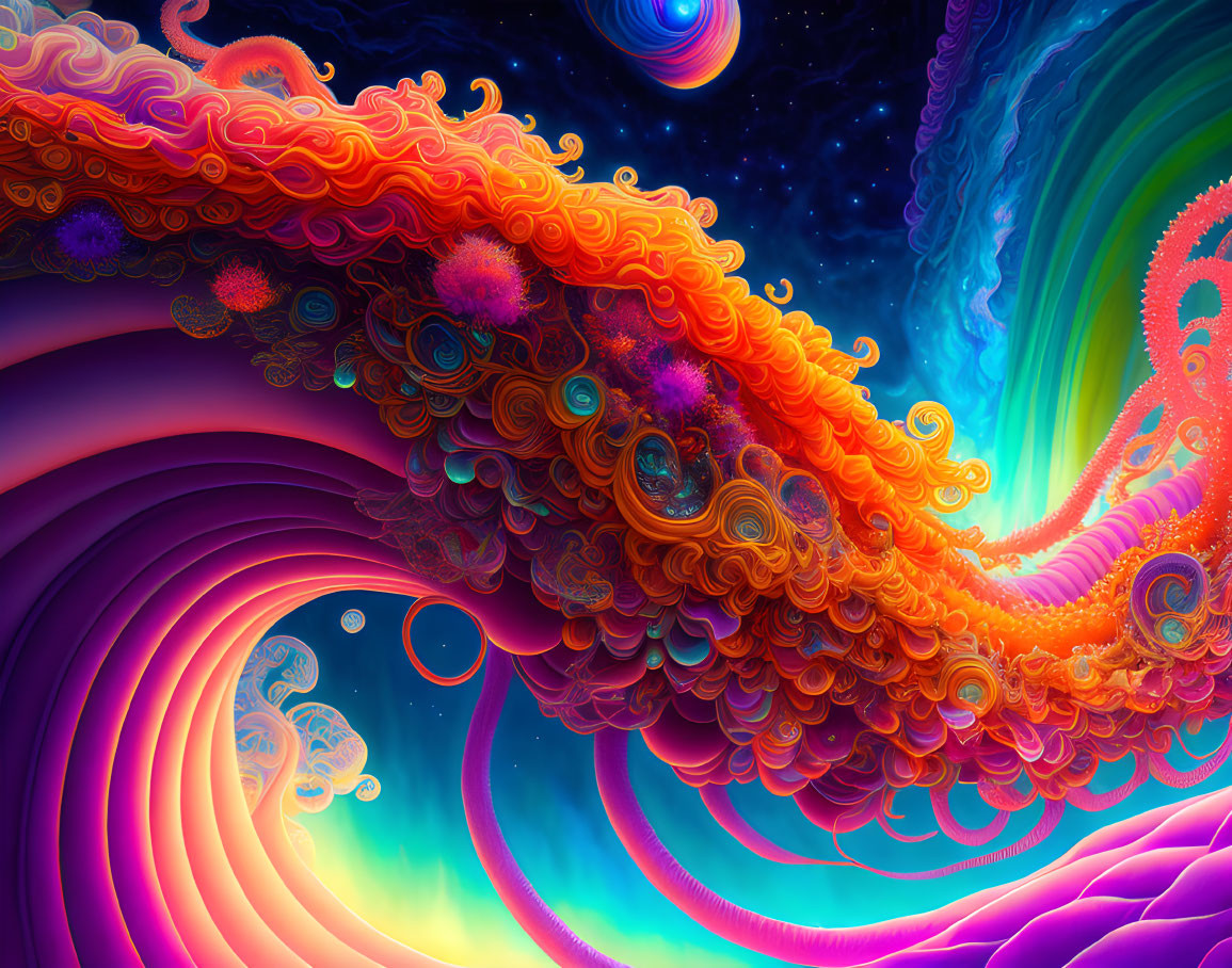 Colorful Psychedelic Art: Swirling Patterns in Orange, Blue, and Purple