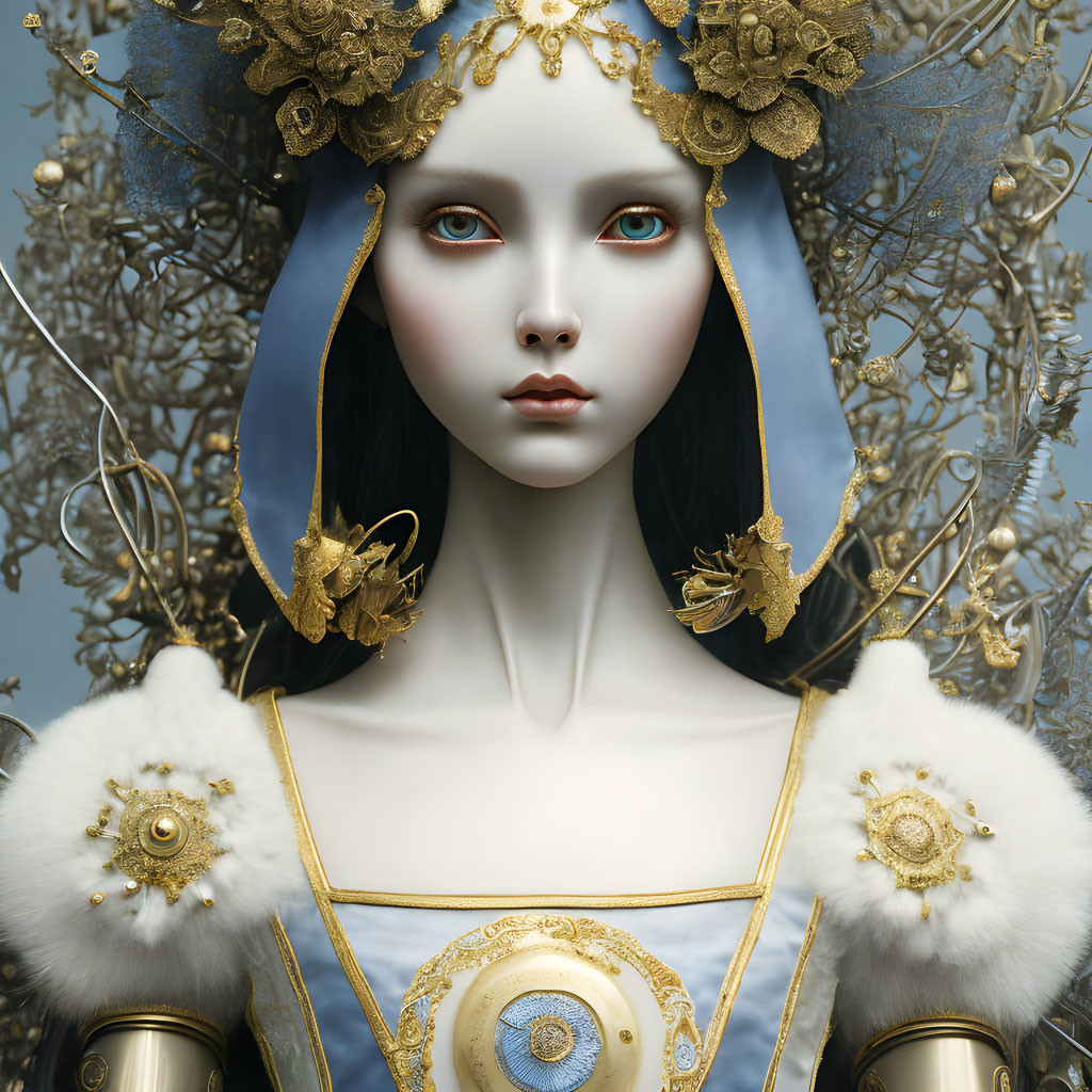 Digital artwork: Female figure with porcelain skin, blue and gold headdress, ornate jewelry, white