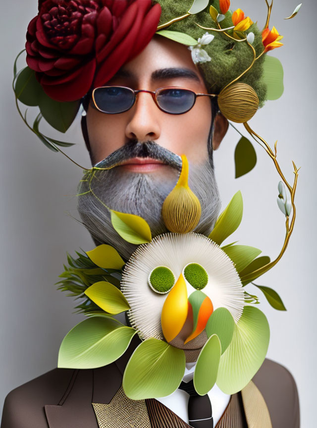 Man adorned with floral and plant decorations including red flower and bird-like arrangement