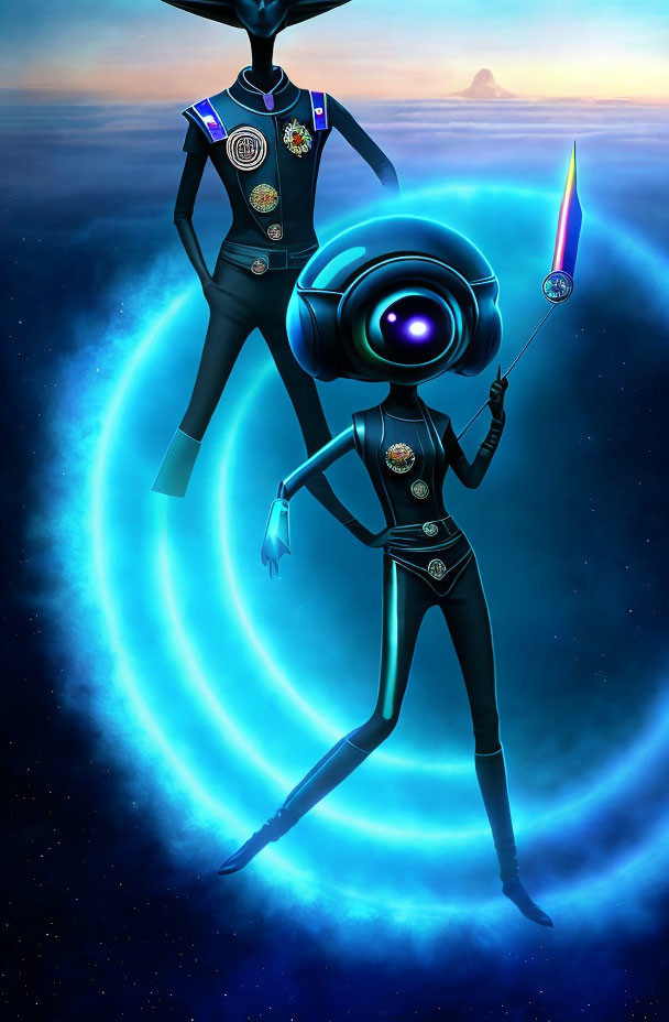 Stylized alien figures with medals in galactic backdrop