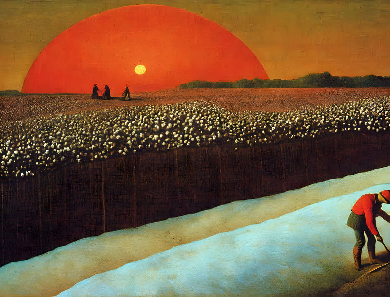 Farmer working in field at sunset with red sun and crops.