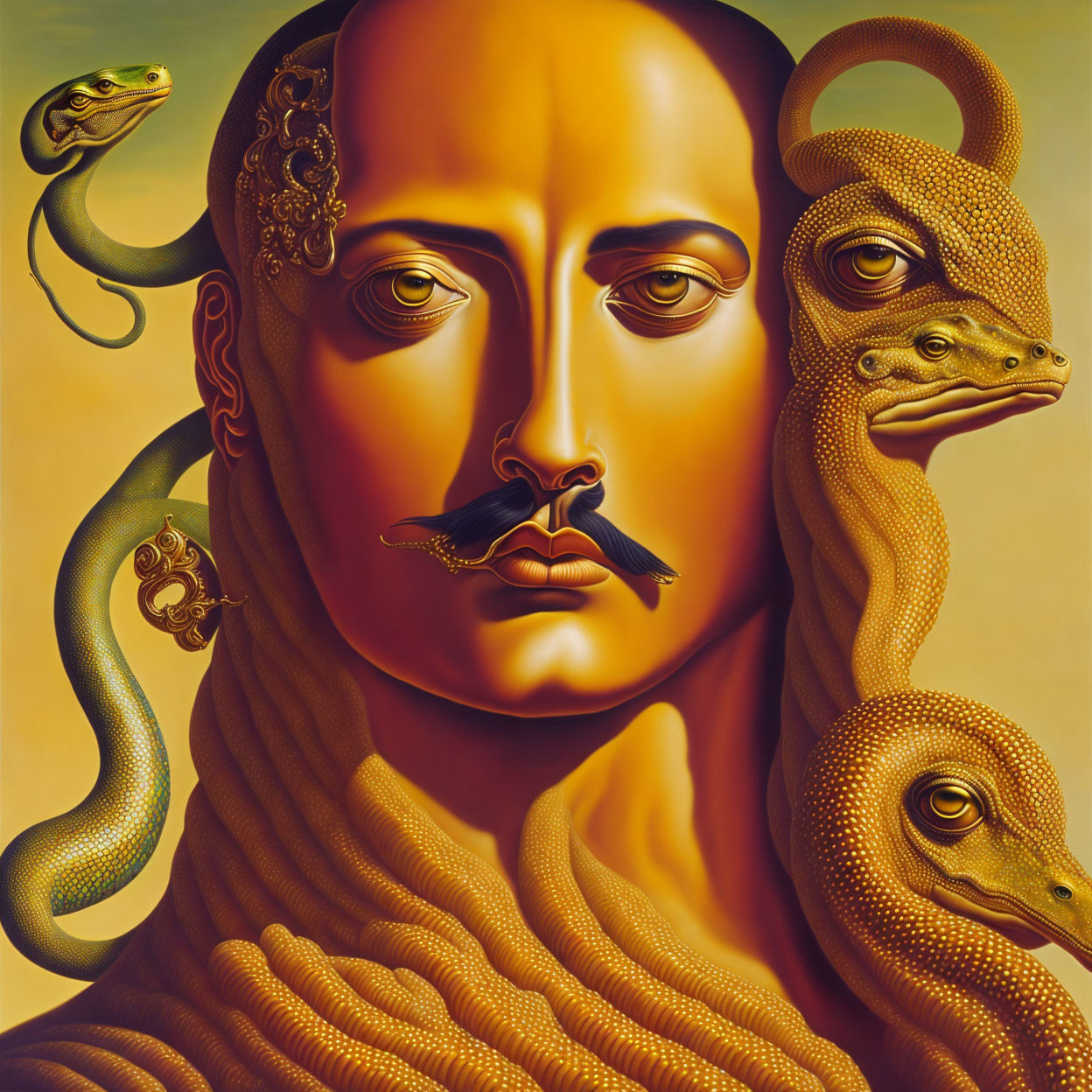 Surreal painting: Golden face with serpents, frog, and piercing eyes