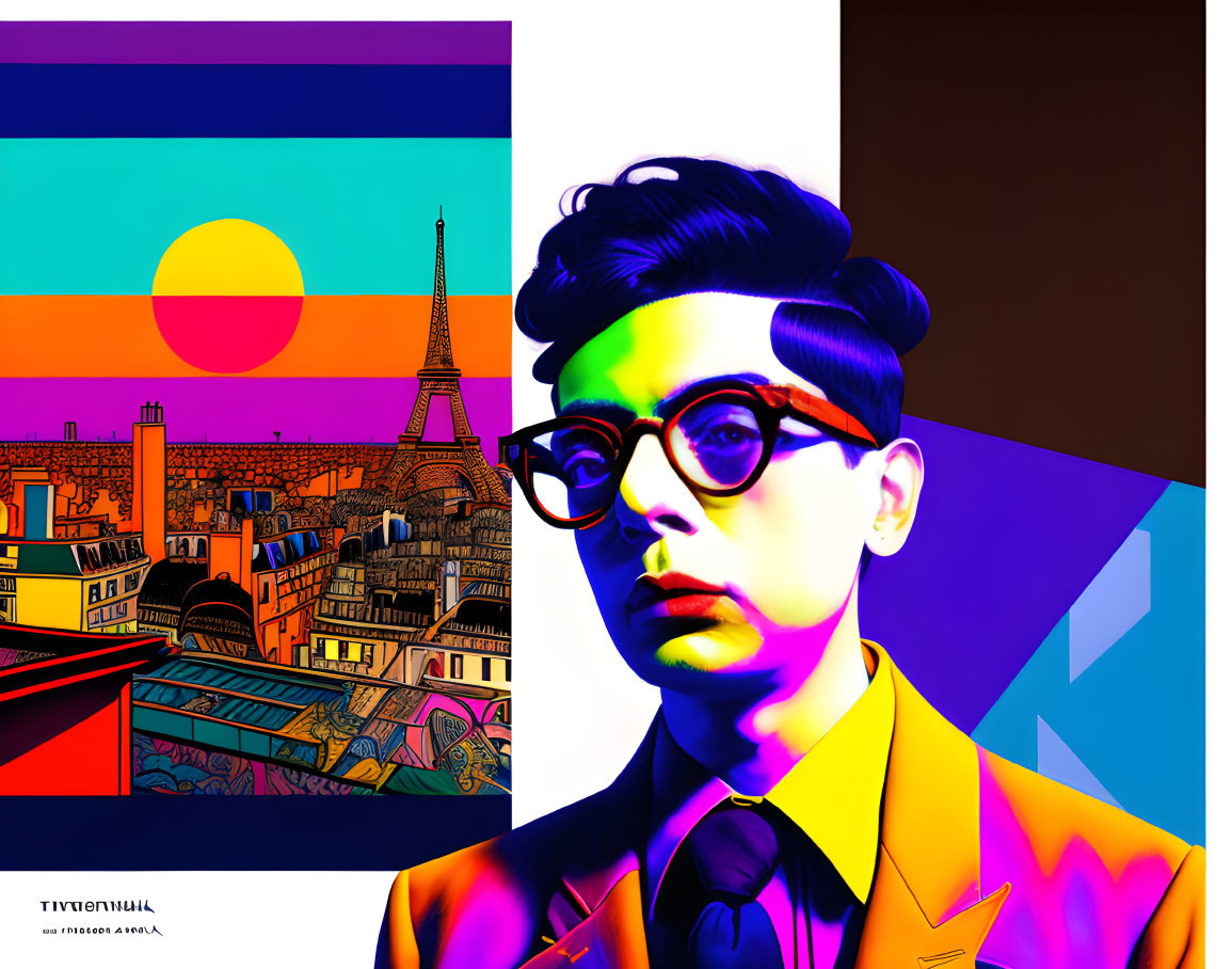 Vibrant artwork featuring man in yellow suit and Paris skyline illustration