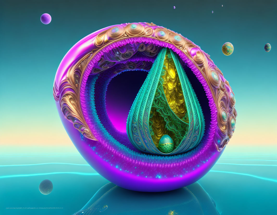 Colorful fractal shell pattern in blues, purples, and golds on teal backdrop