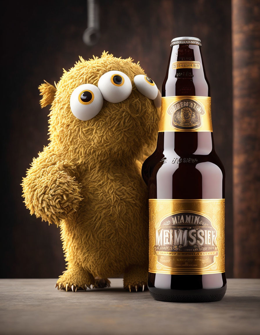 Animated furry creature with "Memminger Maibock" beer bottle on wooden surface