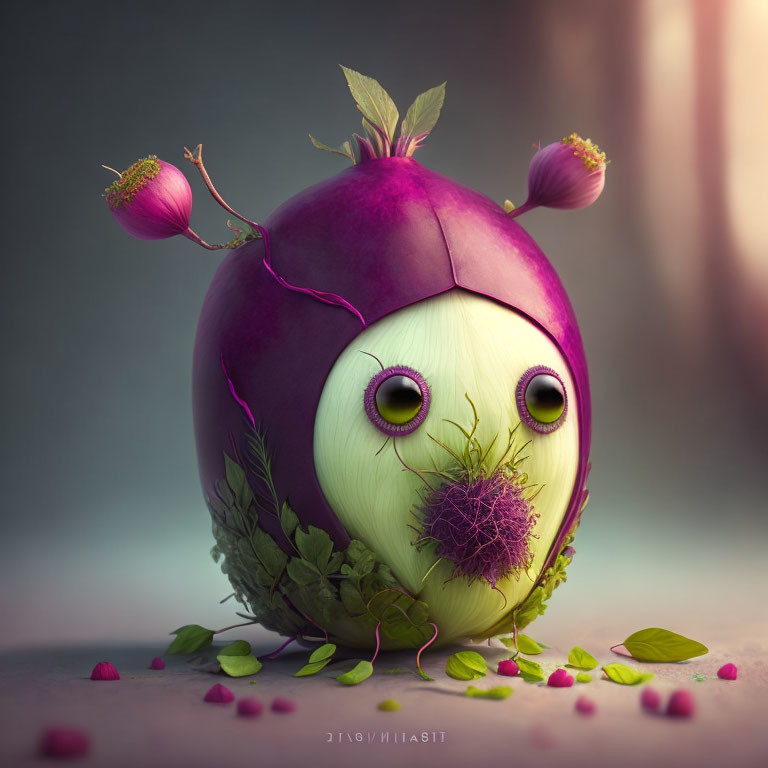 Anthropomorphic turnip illustration with expressive eyes and small limbs