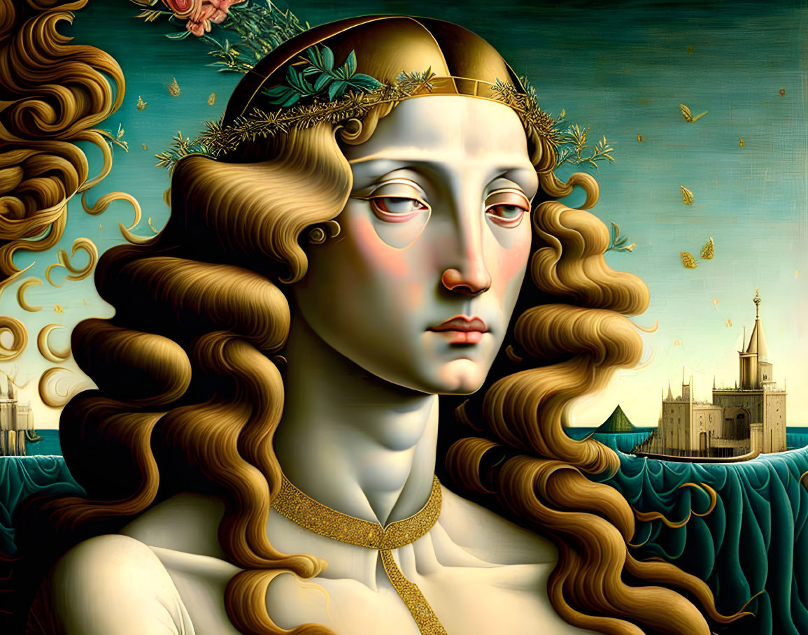 Surreal portrait of woman with golden laurel, elongated neck, and castles and butterflies