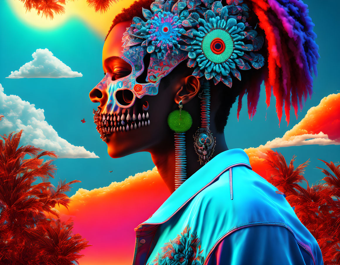 Colorful digital art: person with decorated skull face, vibrant hair, stylish attire, tropical sunset backdrop