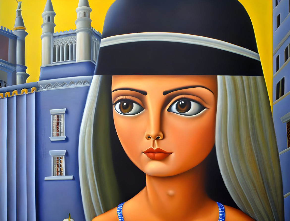 Surrealist painting of woman in black hat and blue dress against yellow architectural backdrop