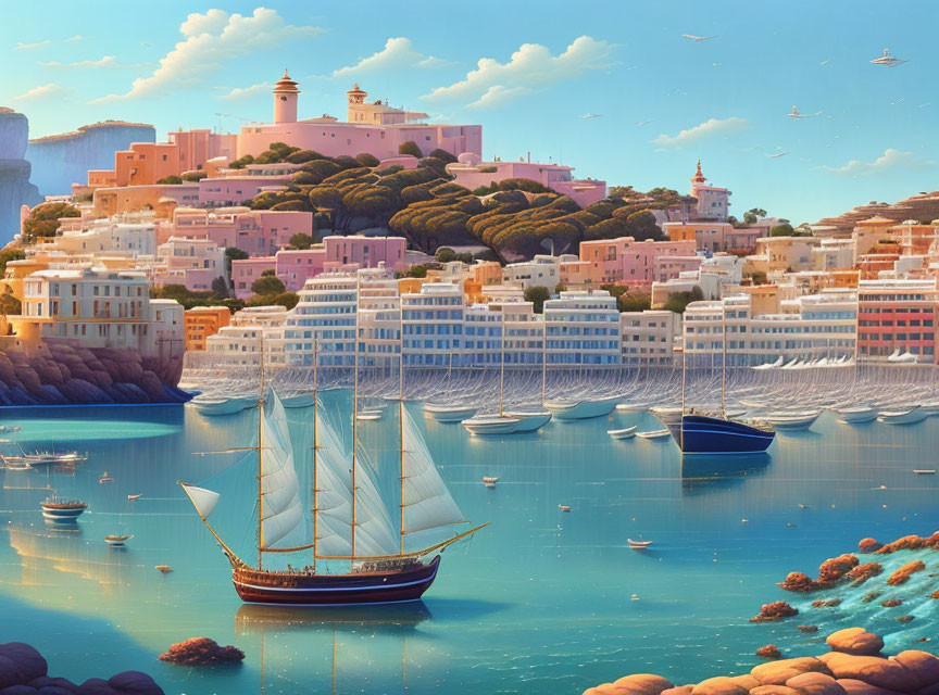 Pastel buildings, hilltop fortress, sailboat in coastal town