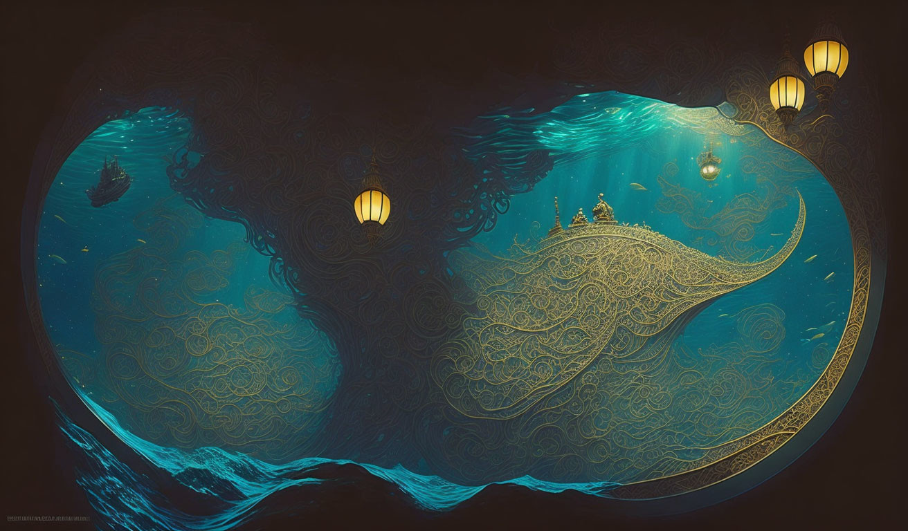 Ornate underwater scene with floating lanterns and illuminated castle amidst ocean swirls