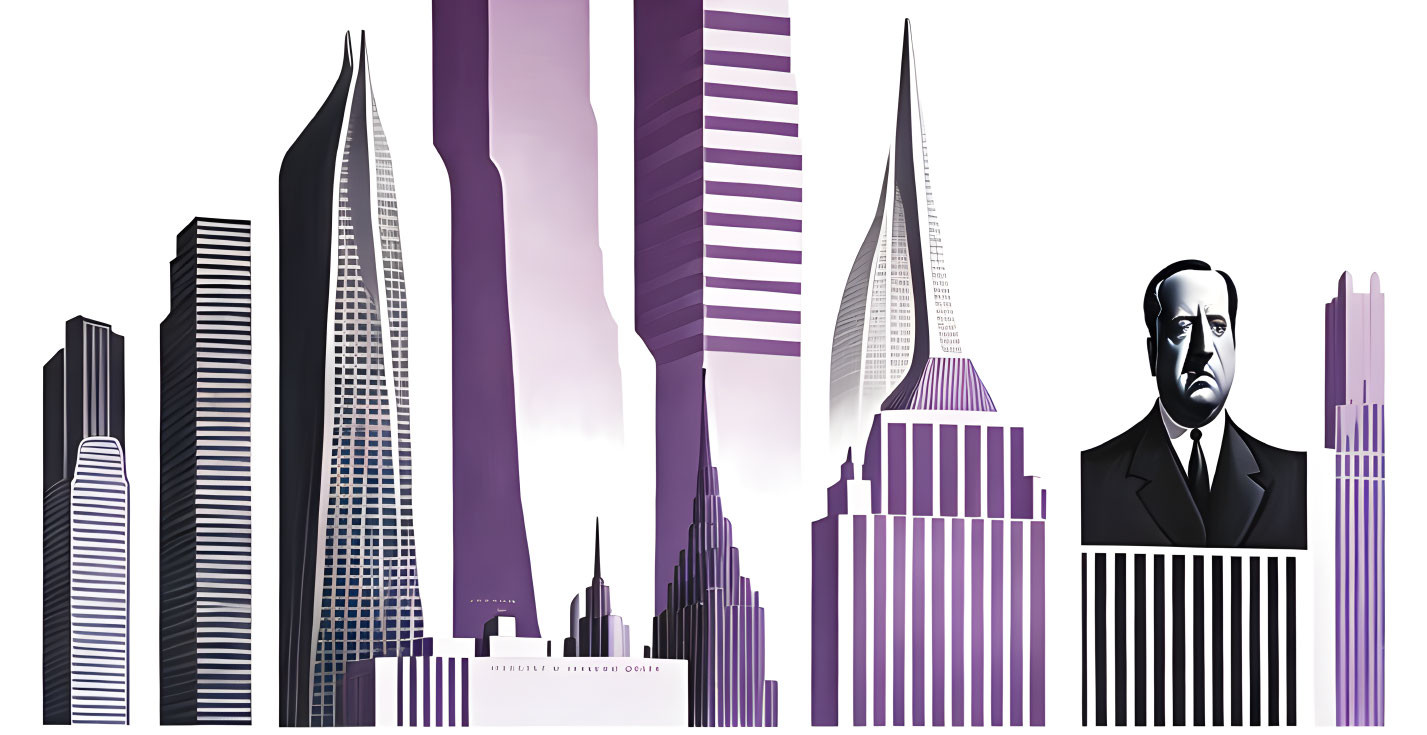 City skyline graphic with stylized skyscrapers and man silhouette integrated.