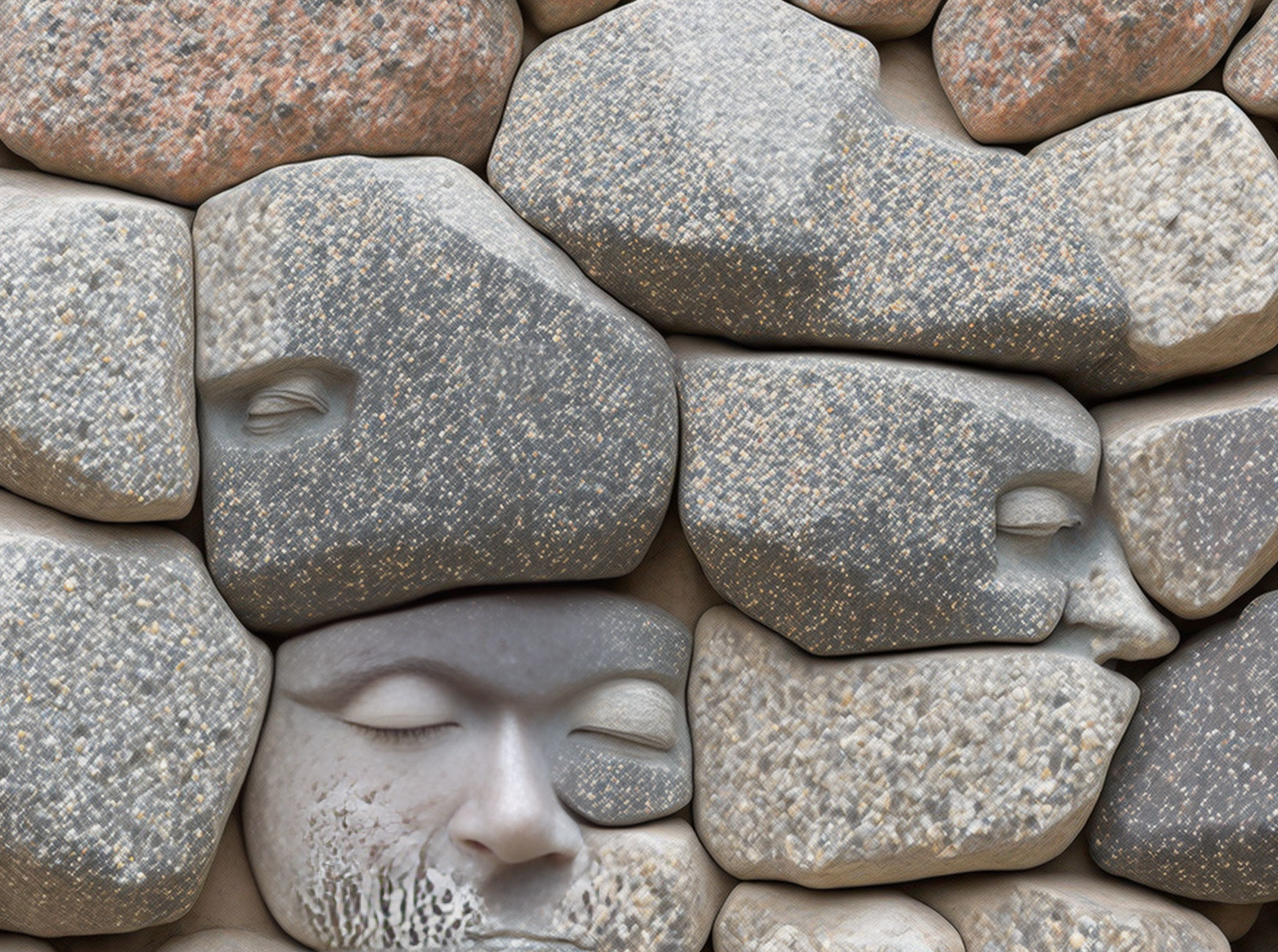 Textured stones forming serene human faces with closed eyes and calm expressions