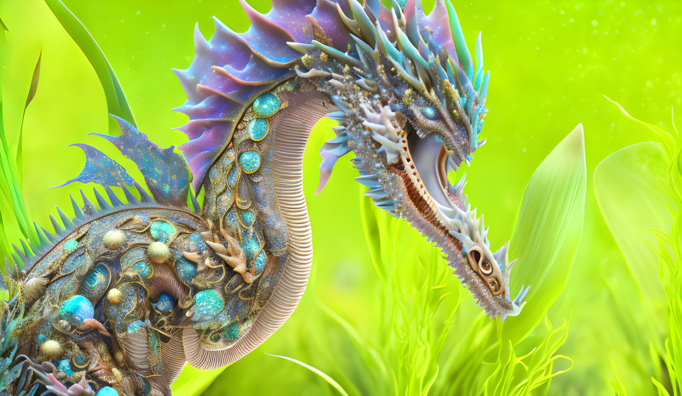 Detailed fantastical dragon with blue gemstones and spikes on green background