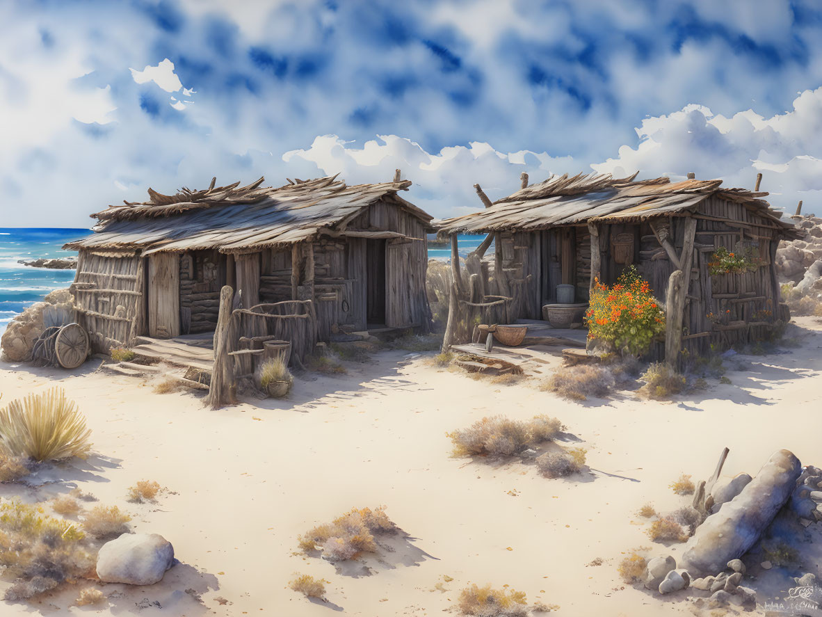 Rustic wooden huts on sandy beach with thatched roofs