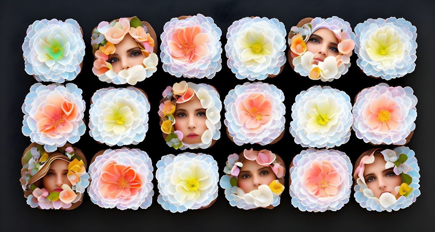 Floral Artwork Featuring Women's Faces on Dark Background