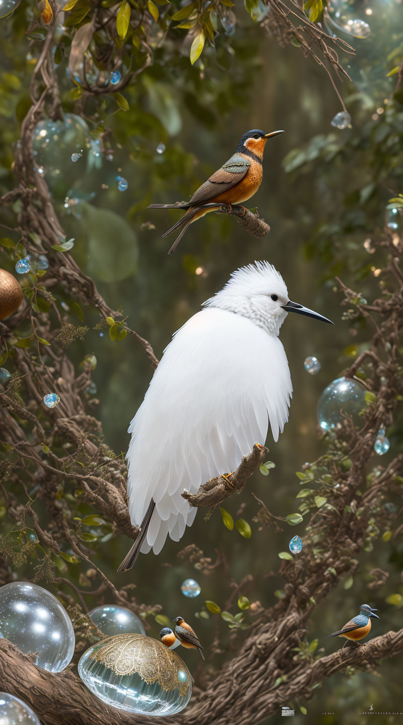 White Bird with Fluffy Plumage in Mystical Forest Setting