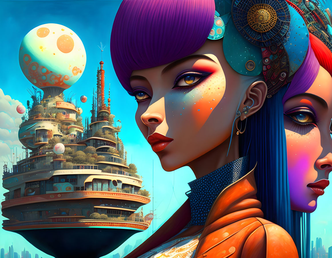 Stylized female figures with vibrant hair and futuristic attire in front of a floating cityscape.