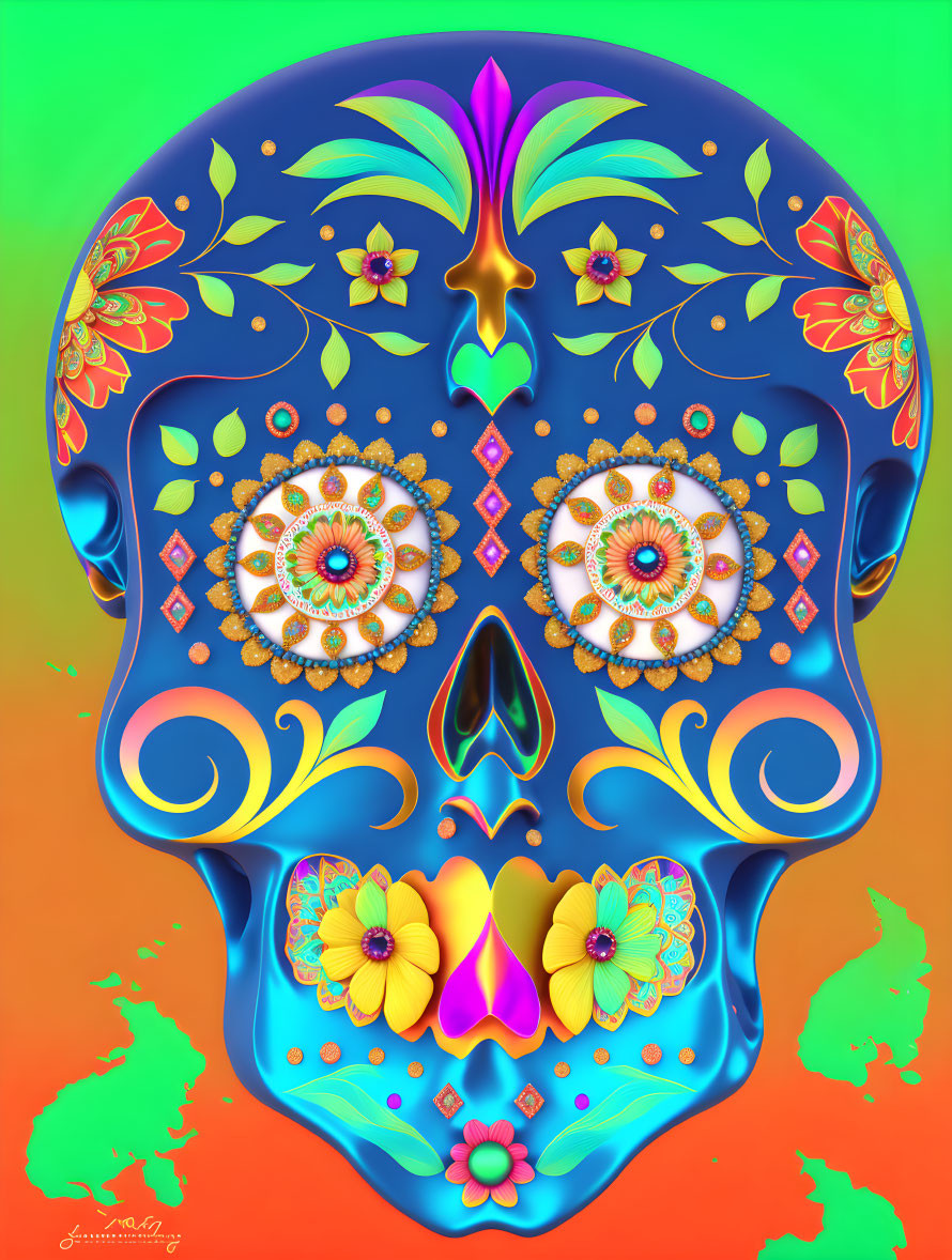 Colorful Digital Illustration of Decorative Skull with Floral and Geometric Patterns