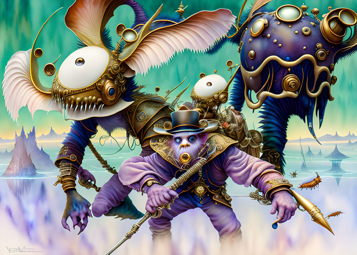 Colorful surreal artwork: Three whimsical characters in fantastical landscape