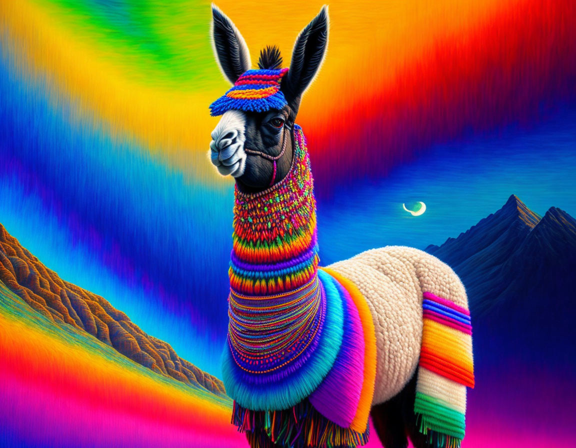 Colorful llama in Andean attire on psychedelic background