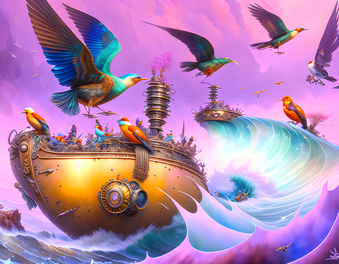 Colorful digital artwork: surreal scene with floating mechanical whales, birds, and fantastical structures