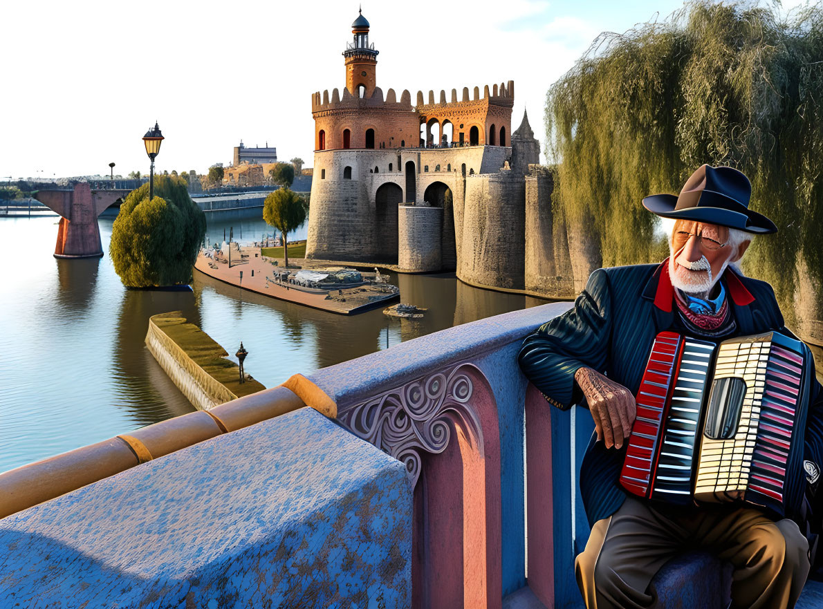 Elderly Musician Playing Accordion on Bridge with Castle Background