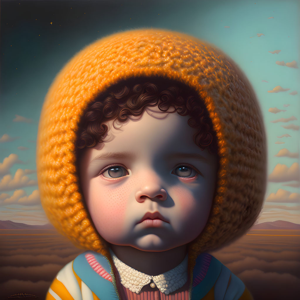 Child with soulful eyes in big orange hat against dreamy sky landscape