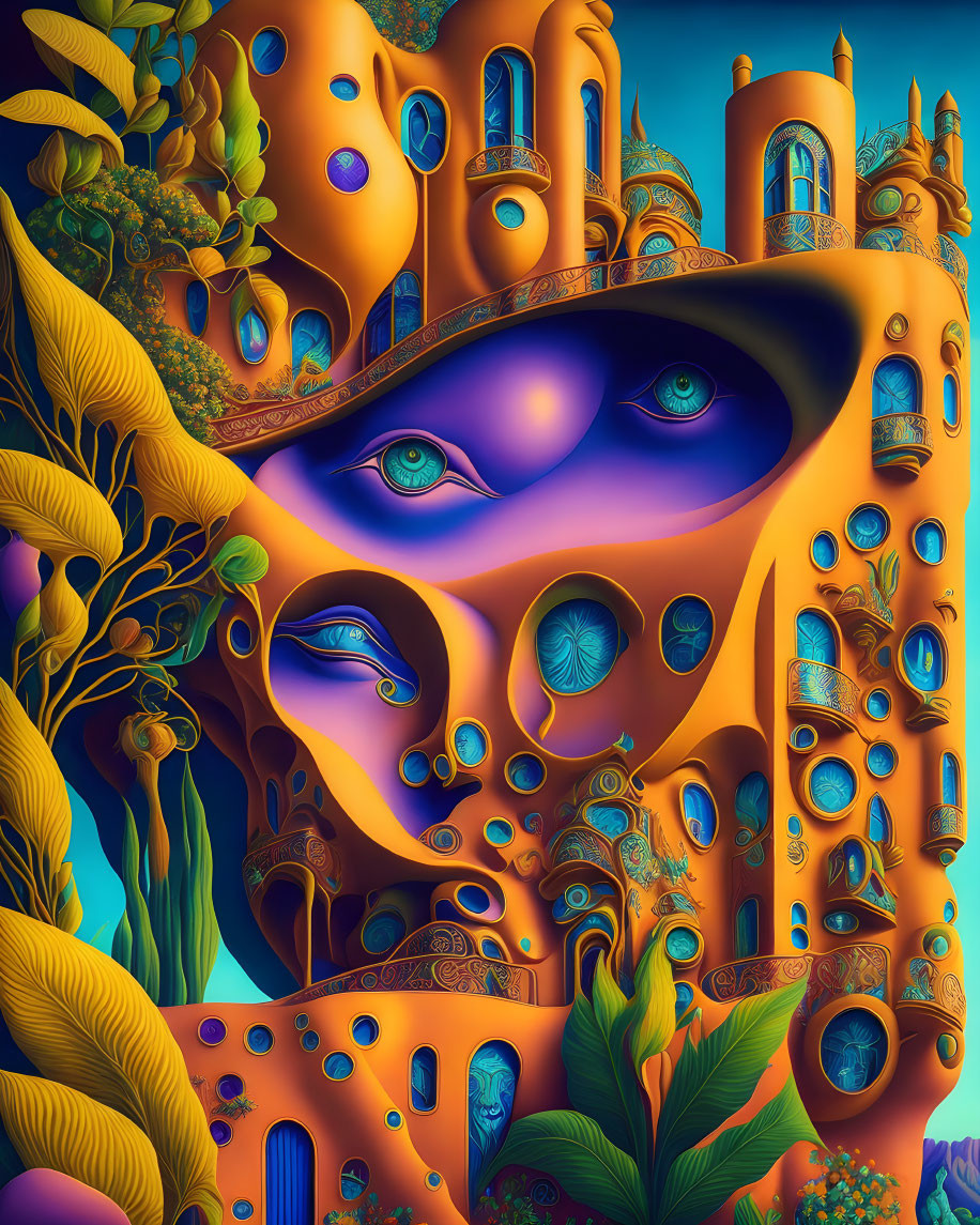 Surreal artwork featuring face with architectural elements and vibrant flora under blue sky