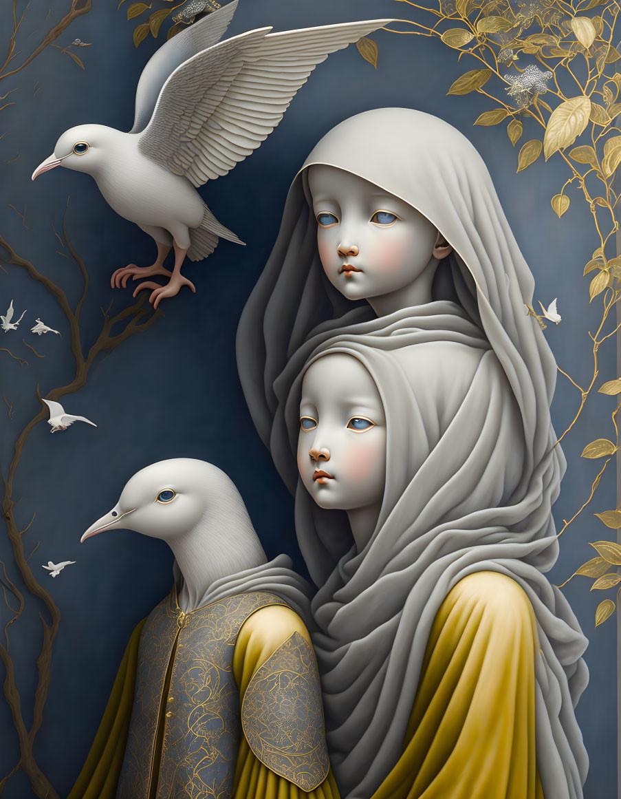 Ethereal gray and gold figures with serene expressions among white birds and golden foliage on blue backdrop