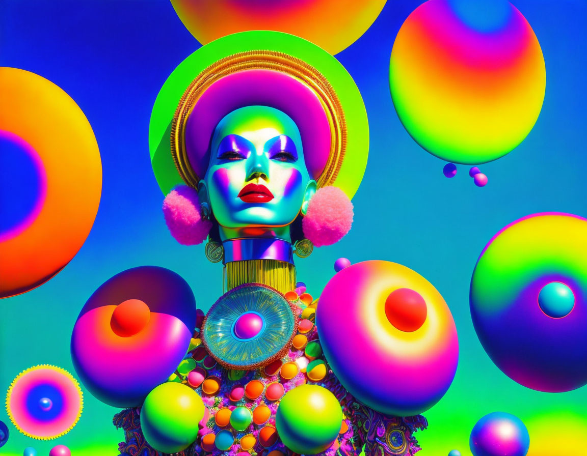 Colorful digital artwork of stylized woman with vibrant makeup and accessories.