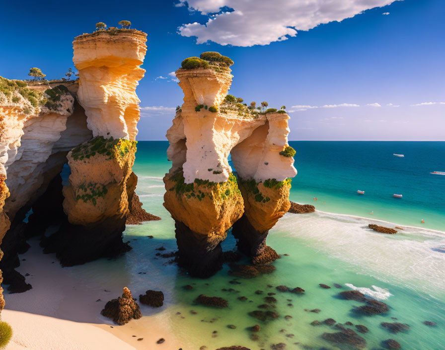 Scenic beach with sandstone cliffs, lush vegetation, blue waters, and distant boats