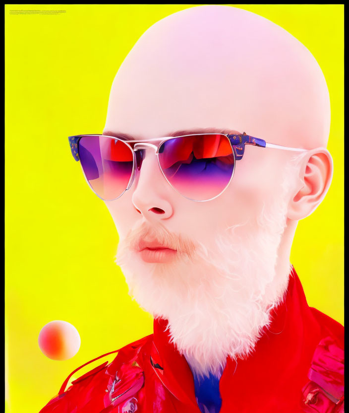 Bold Bald Head, Red Beard, Colorful Sunglasses, Red Jacket on Yellow Background