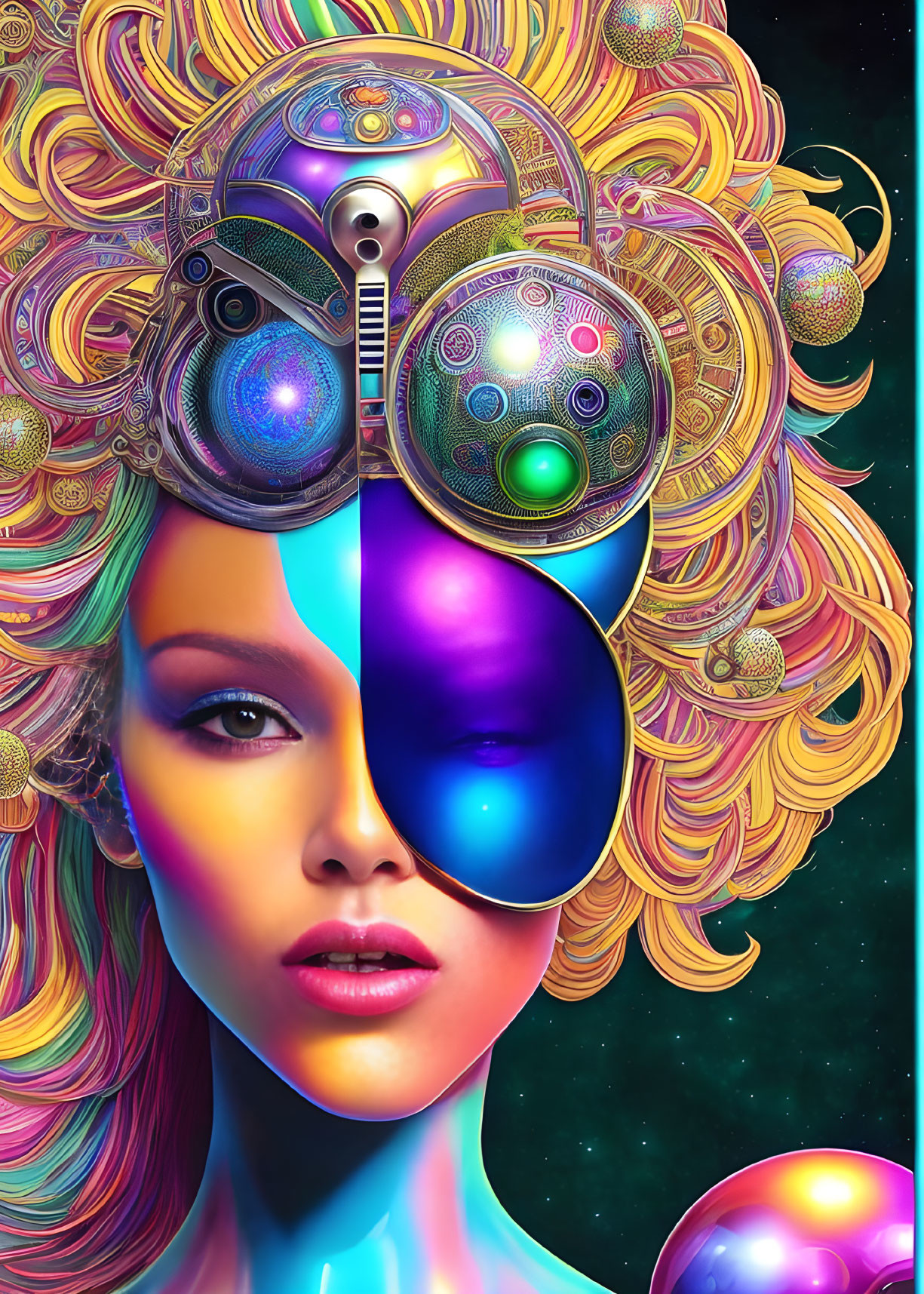 Colorful digital art: Woman's face merges with psychedelic and futuristic elements