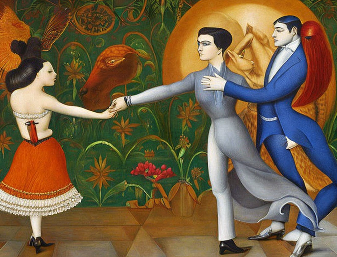 Colorful painting featuring trio dancing in vibrant attire with peacock backdrop.