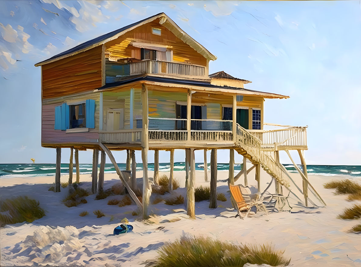 Wooden Beach House on Stilts Overlooking Sandy Shore & Blue Sky