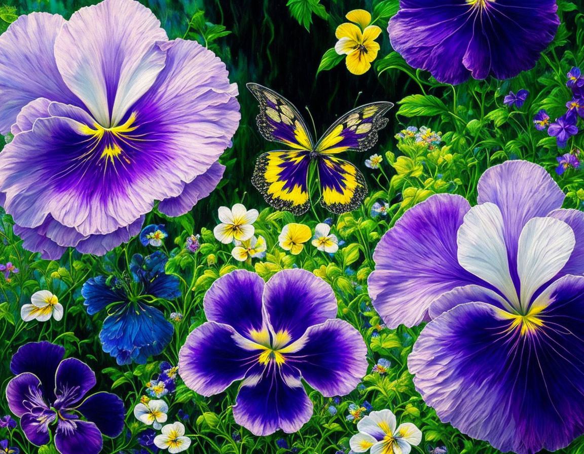 Colorful garden with purple pansies, yellow flowers, and butterfly in lush green foliage