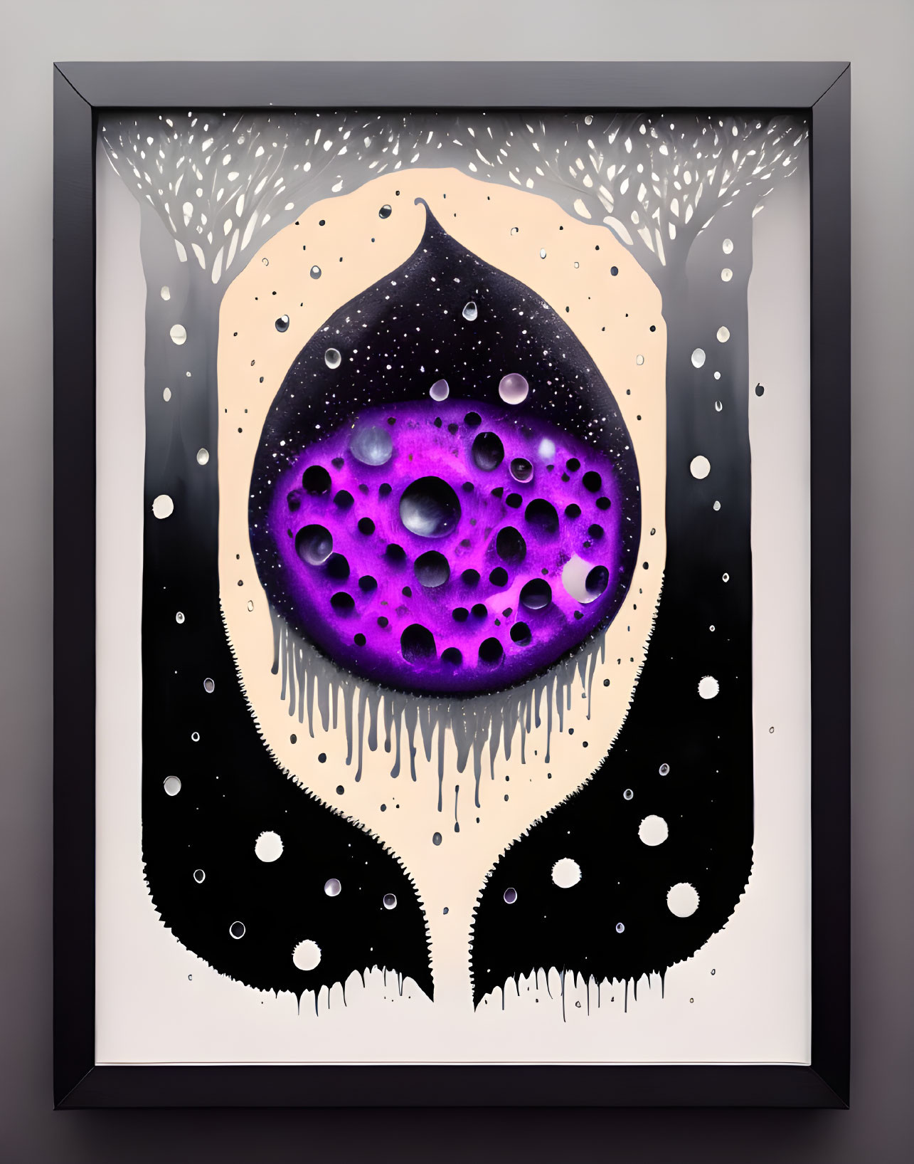 Abstract framed artwork: purple sphere with black drips on beige backdrop, white tree silhouettes,