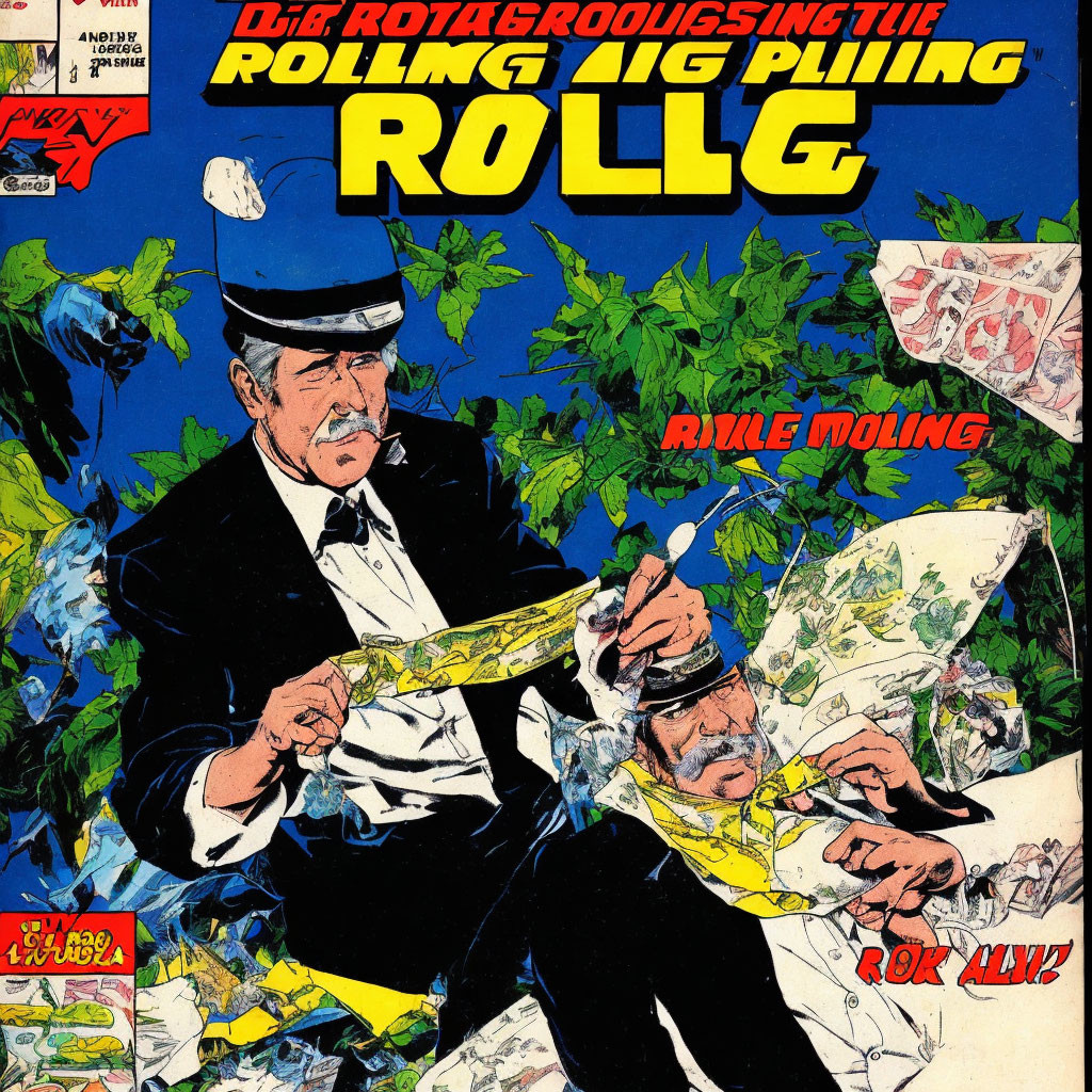 Men in suits examining torn map on comic book cover with "ROLLIG" title.