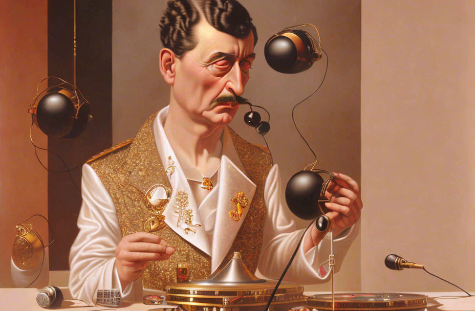 Surreal painting: Man with vintage phones and headsets, gold vest.