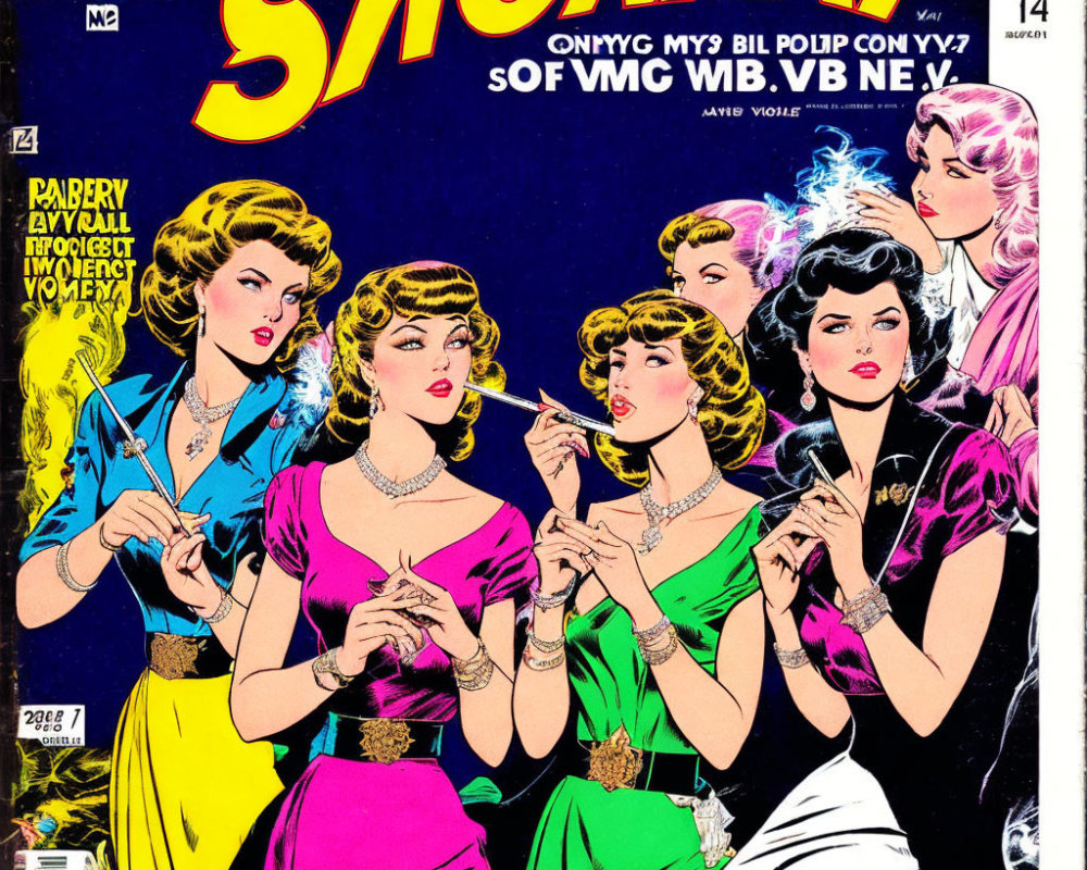 Colorful '40s Fashion Comic Book Cover with Stylish Women