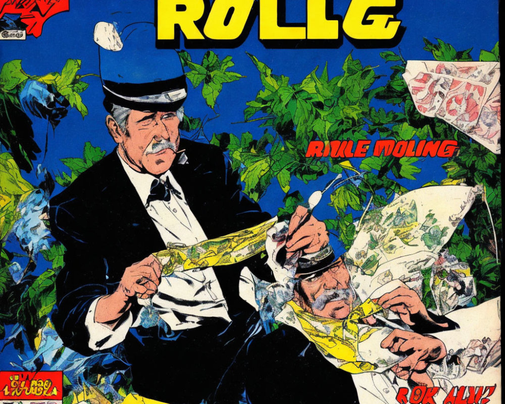 Men in suits examining torn map on comic book cover with "ROLLIG" title.