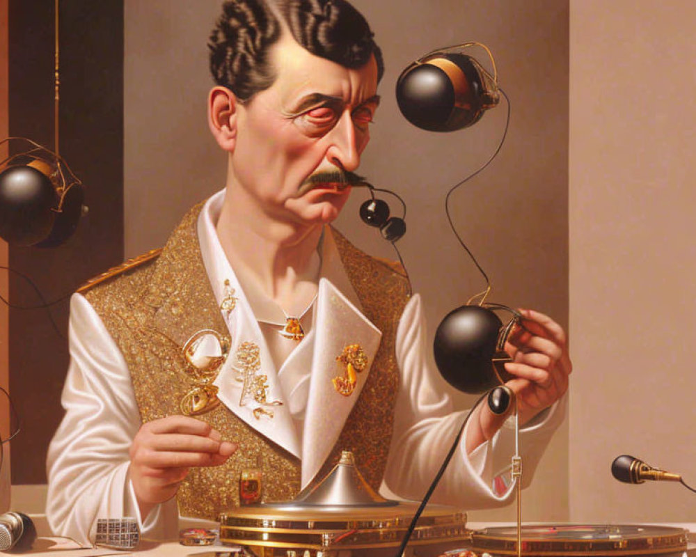 Surreal painting: Man with vintage phones and headsets, gold vest.