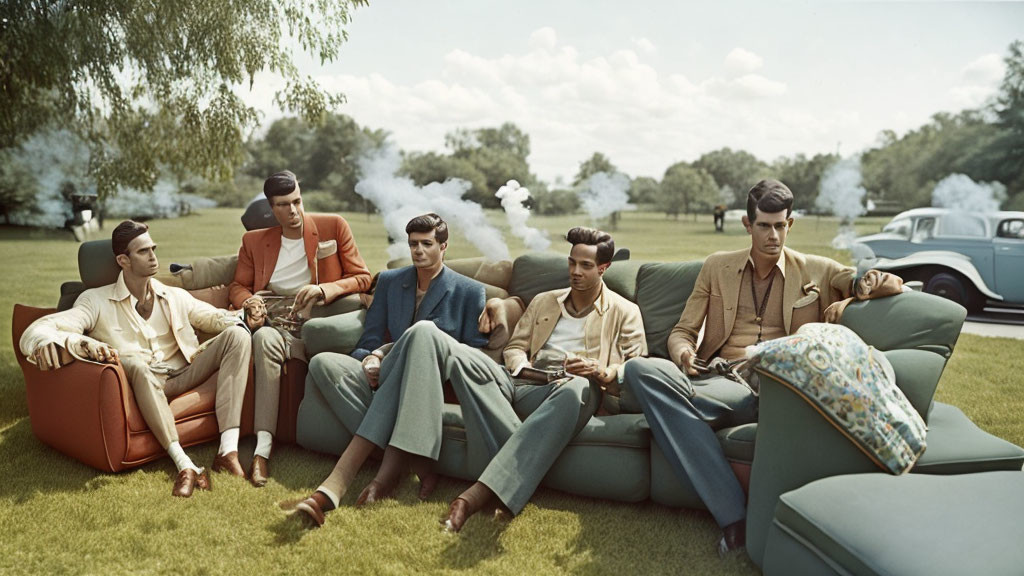 Vintage Clothing Men Relaxing Outdoors with Classic Car Background