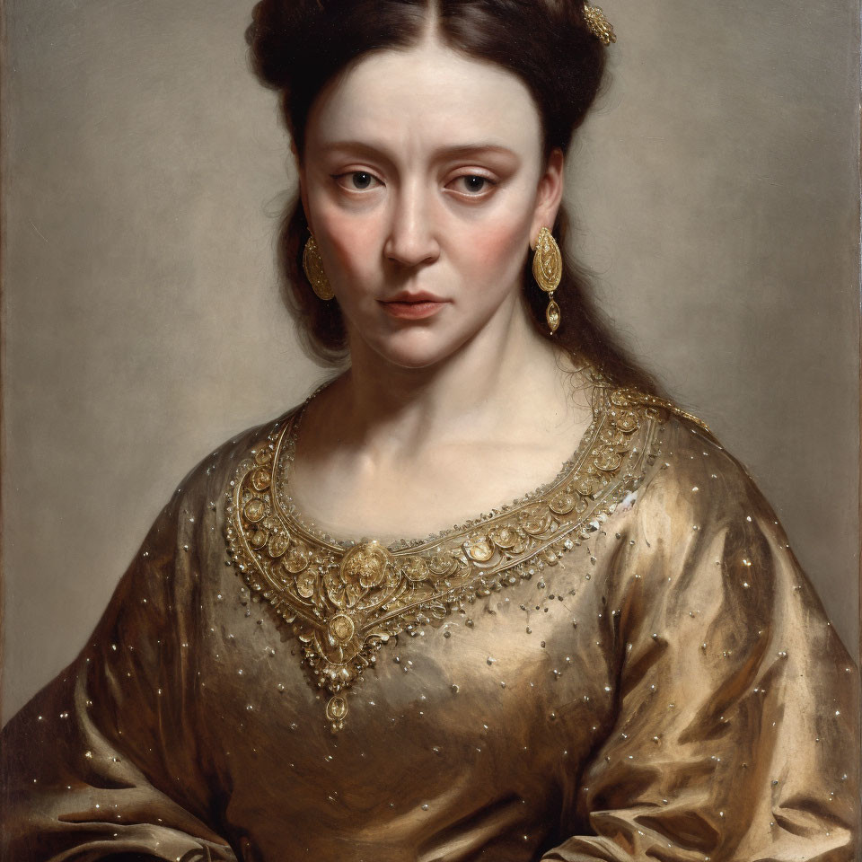 Portrait of woman in gold ornate dress with solemn expression