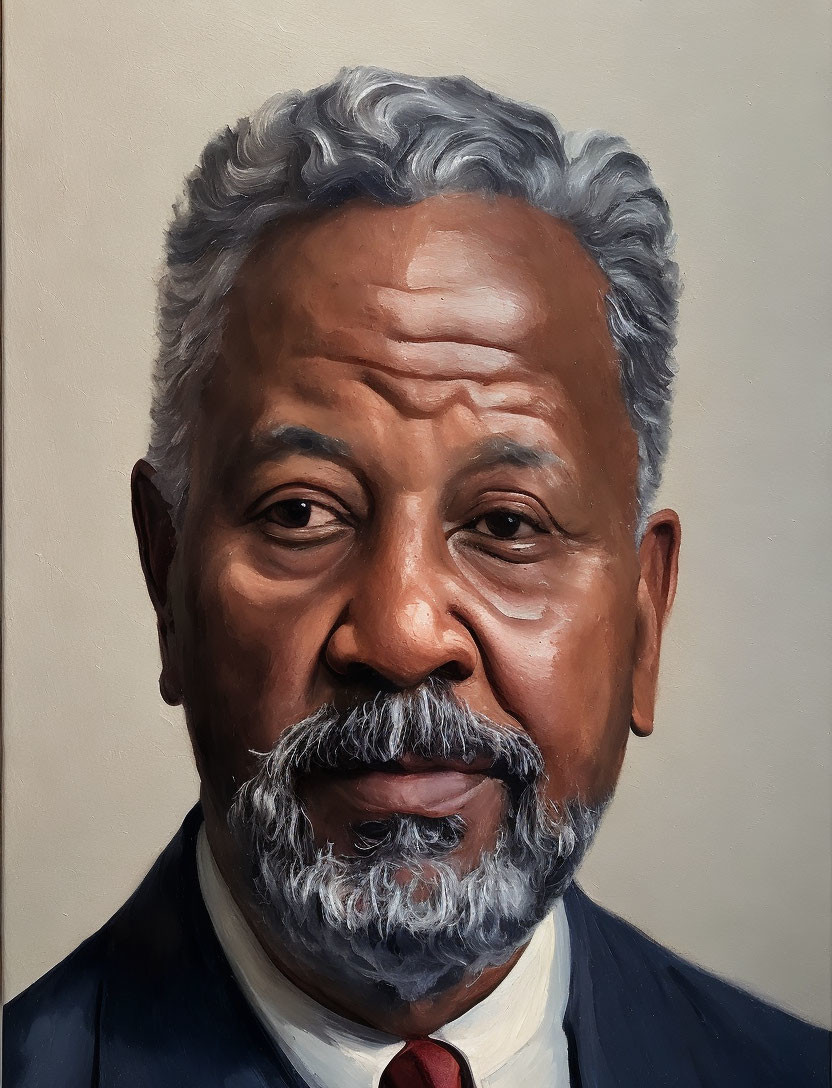 Realistic portrait of older man with greying hair and beard in dark suit and tie